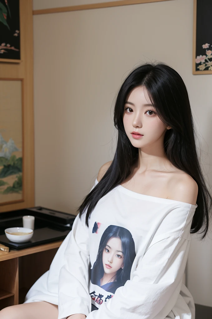 long black hair，beautiful girl，Large white t-shirt，Off-shoulder，Japanese painting style，bedroom