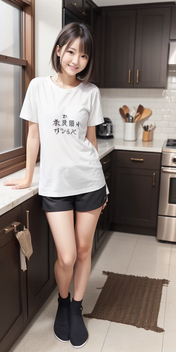 Full body standing upright in the kitchen、cute、20-year-old、Japanese、Cute clothes、Plain white tight fitting T-shirt、black tight shorts 、(Shortcuts:1.3)、slipper