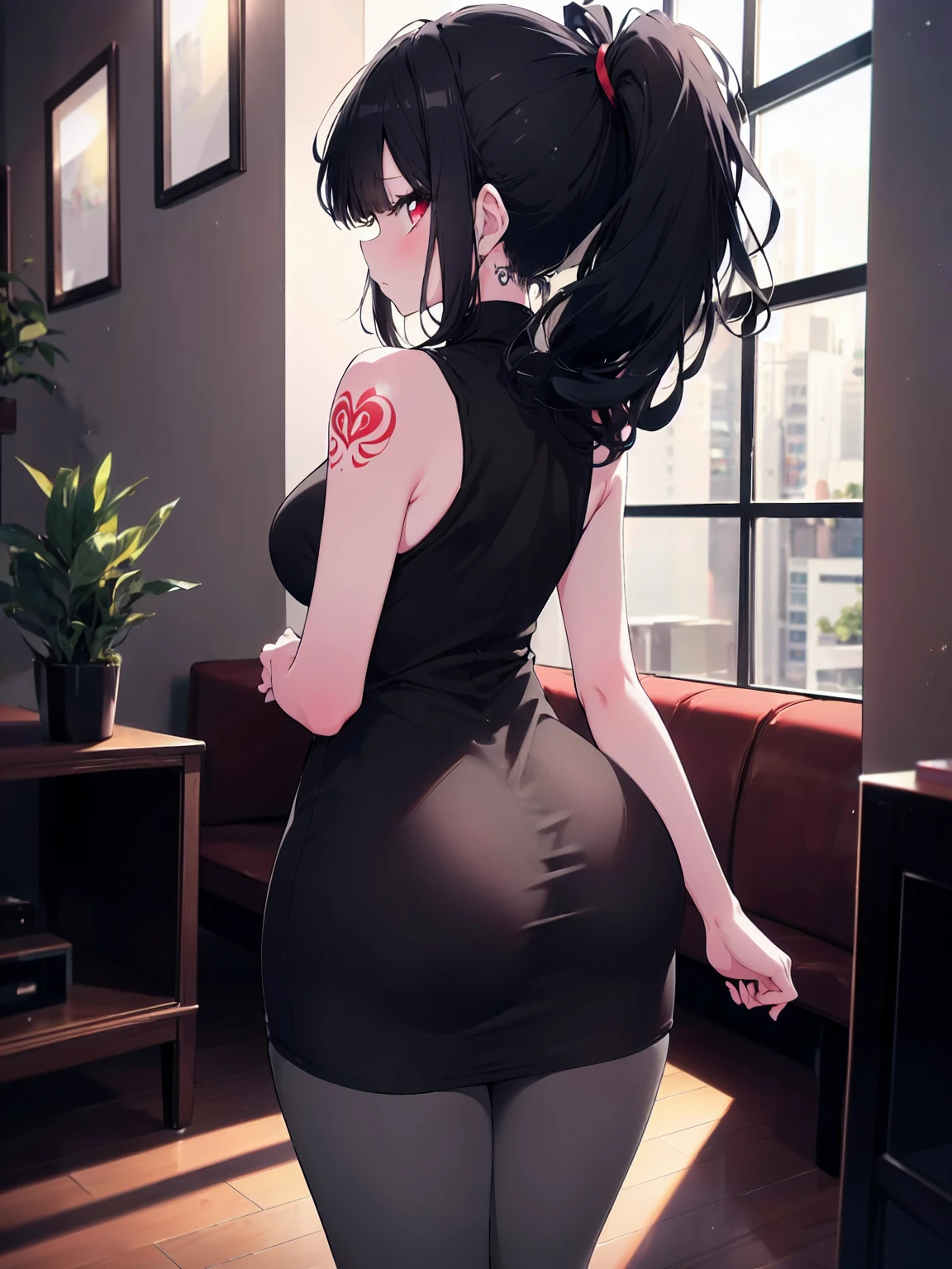 Back view, (colorful:1.1), (ultra-high resolution, depth of field:1.2), solo, 1woman, milf, (black hair), ponytail, red eyes, (medium breasts), wide hips, (tight dress), (gray tight dress:1.2), pantyhose, arm tattoo, serious, living room scenery, dimly lit