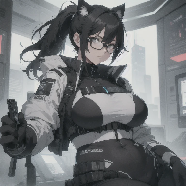 Absurd resolution, high resolution, (masterpiece: 1.4), hyper-detail, full body shot, solo, 1 kemono feline cat woman, black hair, glasses, messy ponytail, cute face, detailed soft grey eyes, huge massive hyper super swollen breasts that cover her whole torso and are bigger than her head while being so big they reach her belly button, extremely large bust, wide full hips, narrower torso and shoulders, smaller torso, full thicc big soft thighs, big rounded full soft butt, ruggedized utility styled outfit, full body outfit coverage with no skin showing or revealed, weather-proof durable clothing material, practical/functional clothing, custom made clothing to fit and support large breasts, monochrome black and grey fullbody covering protective padding pilot rugged utility suit with white chest, scifi padded rugged high collar techwear jacket, white and black triangular decals and techwear iconography on apparel and clothing, techwear gloves, arm mounted strapped display scifi tablet/communication device/computer, rugged tablet display mounted on MOLLE strap on top of her bust, ruggedized computer tablet mounted above her breasts, screen display mounted on top of her chest, ruggedized tech, ruggedized tech aesthetic, fitted utility pants, utility chaps, near future scifi, cyberpunk aesthetic, anime aesthetic