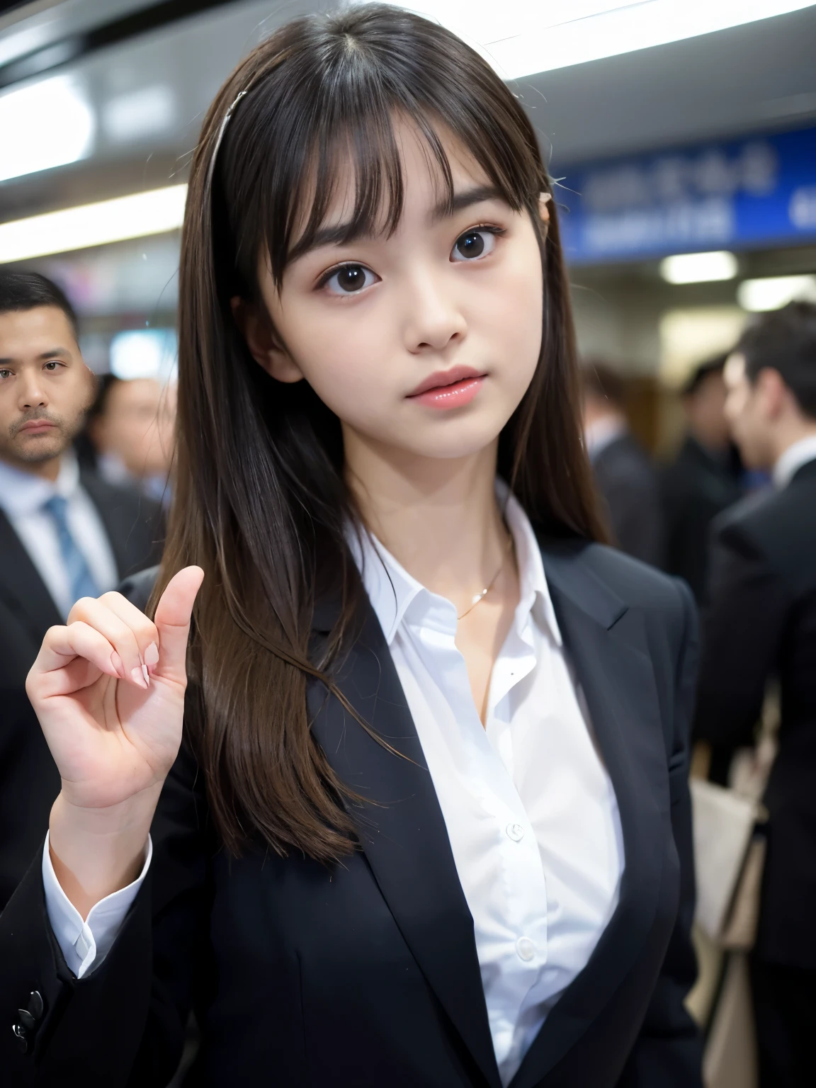 (Best-quality, Masterpiece, Ultra-High-Resolution, (Photorealistic:1.5), Raw Photo, depth of field, professional lighting, perfect anatomy, extremely details), 1girl, 15-years-old, the most famous Japanese idol, (extremely cute face like the most popular Japanese idol, ((extremely cute and extremely big eyes)), extremely beautiful hair, extremely beautiful skins), extremely cute long-eyelashes, extremely cute lips,
standing in crowded train, detailed crowded-train,
((wearing black formal-business-suit with stylish-design, detailed black-formal-business-suit-with-stylish-design)),
(feeling unusually sexually aroused, want to have sex right now):1.5)