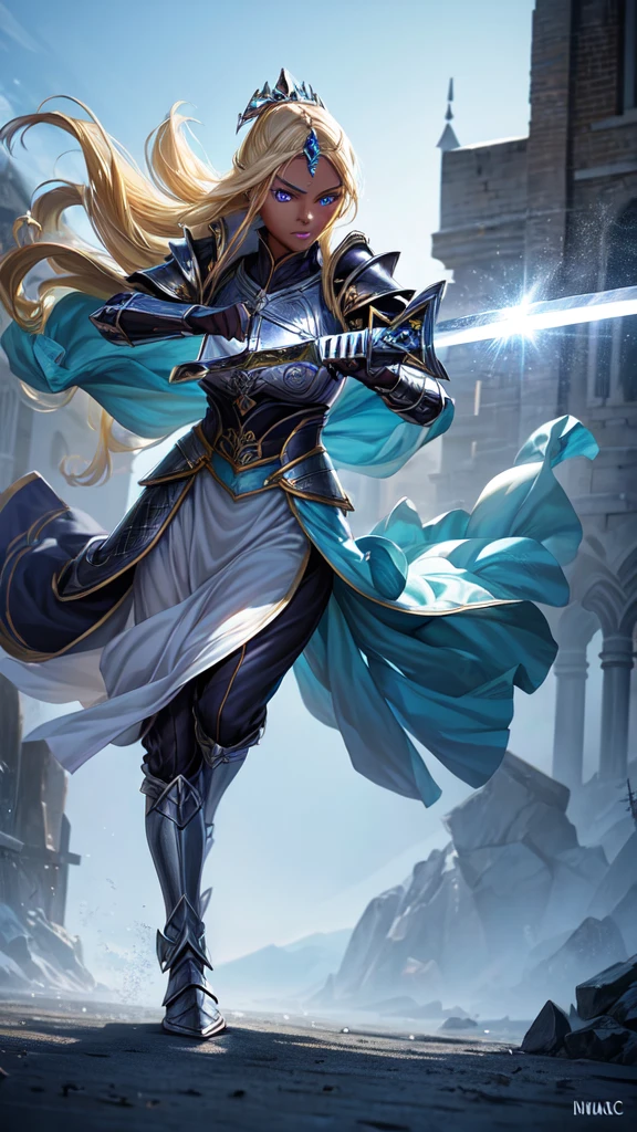 Loish art style, medieval fantasy. A Girl, 25 years old, royal knight, Paladin silver armor, beautiful but severe face, detailed face, ((dark skin)), light blue eyes, detailed eyes, African American, semi-updo blonde afro hair, detailed body, (great guard shield in the left hand)), ((sword long in the right hand)), simple background, ((dynamic acction pose)), tense expression, ((full body)). Detailed character, extreme attention to detail.