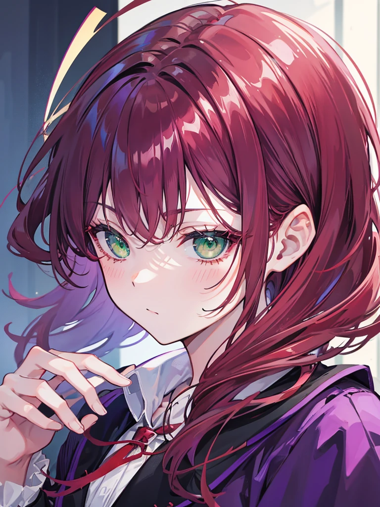 , green eyes, short wavy red hair, bangs. she hair wavy. wear purple black jacket. quiet. background in mansion