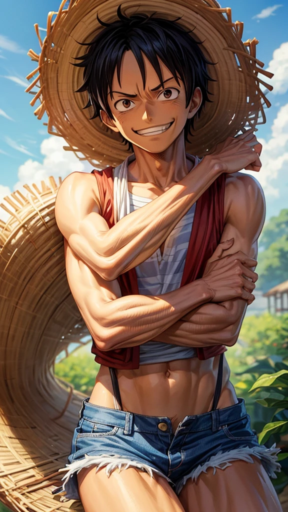 1 men, Monkey D Luffy in the straw hat with his arms crossed smiling (created by Eiichiro Oda)