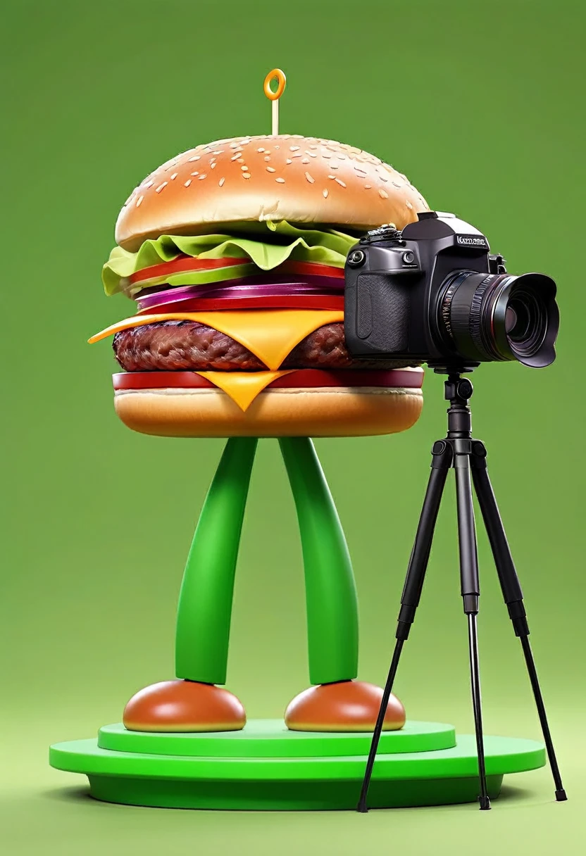 Cartoon burger standing on green screen, Camera shooting side view of people