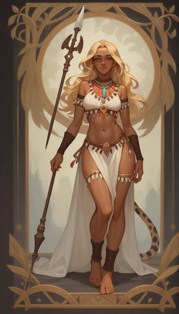 score_9, score_8_up, score_7_up, score_6_up, score_5_up, score_4_up, 
female, (cheetah:1.2), holding spear in hands, long hair, dark_skin, dark_skinned_female, blonde hair, brown eyes, eyelashes, frills, tribal outfit,
Full body standing painting, (((solo))), Simple line design, ((tarot card background, symmetric beauty)), perfectly symmetrical, The art of symmetry, Standing drawings of characters, ((flatcolors)), tmasterpiecetop Qualities qualtiy