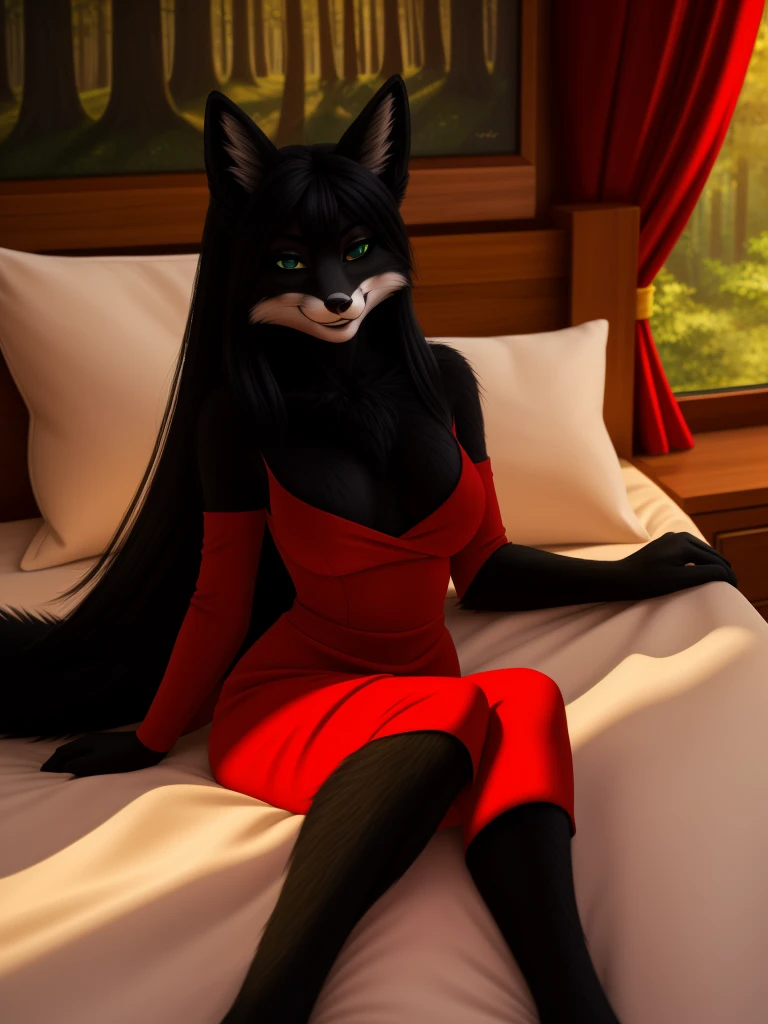 Sexy Posing, Female, 30 years old, cute, eyeliner, long hair, biting lip smile, red dress, bedroom eyes, anthro, fox ears, (black fur:1.5), fox, forest background, 8k, hi res, (best quality, masterpiece), green eyes, lying in bed, fox tail