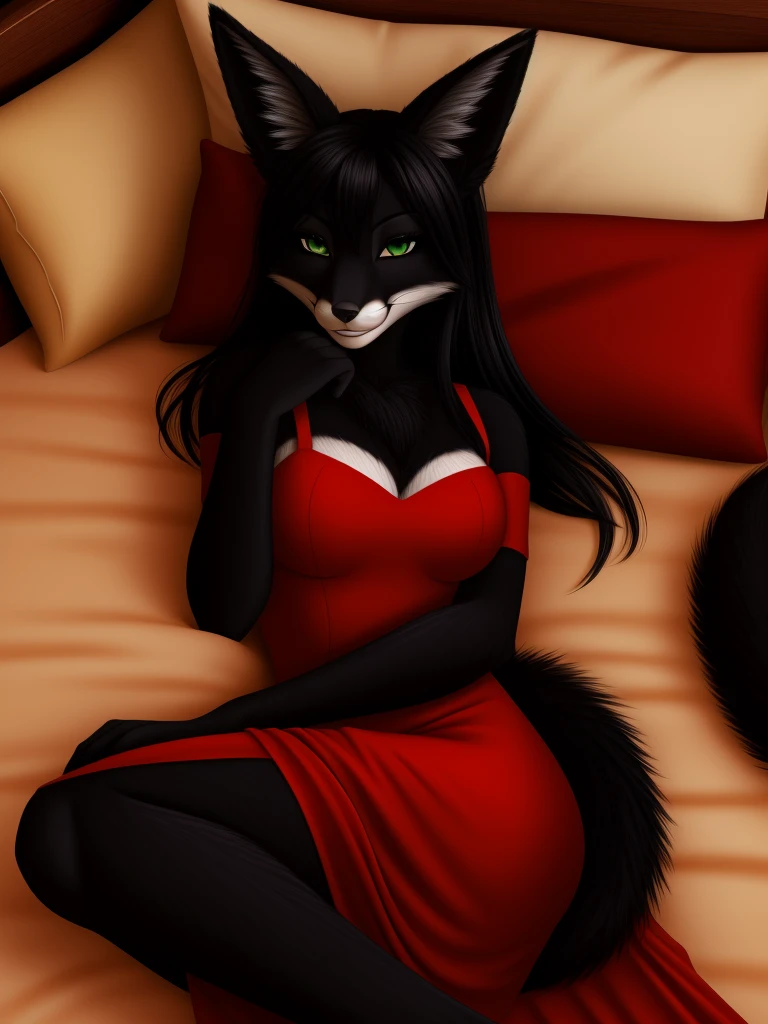 Posing, Female, 30 years old, cute, eyeliner, long hair, biting lip smile, red dress, bedroom eyes, anthro, cat ears, (black fur:1.5),cat, forest background, 8k, hi res, (best quality, masterpiece), amber eyes, lying in bed, cat tail