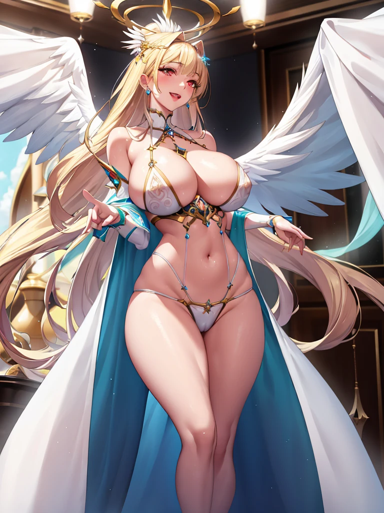 最high quality, high quality, 8K、High resolution,Highest quality、anime、solo、from the front、普通のWearing a white bikini大人のおねえさん,Open Mouth Smile、Gentle Eyes、Blonde、high qualityな青い瞳、Long neck、bare hands、barefoot、belly button、maternal、Thighs、Background of a room with a chandelier、Standing with correct posture、Angela White、Wearing a white bikini、Majestic angel all over the body, animeの女神, Angela White, Epic pose,Wearing a white bikini美しく魅力的なanimeの女性, Huge and stunning goddess shots, Angel Knight Girl, Female angel, She has angel wings on her chest, Highly detailed goddess shot