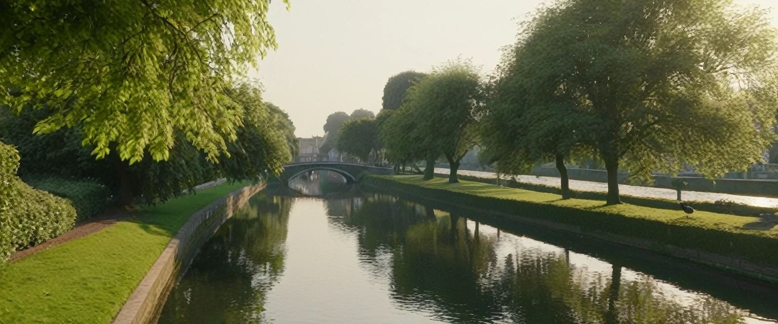 A tranquil canal scene with a paved walkway running along the right side, bordered by well-manicured bushes and lush green foliage. A small wooden boat is docked by the canal, its bow slightly pointing towards the water. The canal itself is calm, with gentle ripples created by a group of ducks swimming near the center. Overhanging the canal is a large, leafy tree branch adorned with several hanging lanterns of various shapes and sizes. The lanterns are made of intricate glass and metal, casting a warm, soft glow. In the background, a white arched bridge spans the canal, with houses lining the opposite bank. The entire scene is bathed in the golden light of either early morning or late afternoon, creating a serene and picturesque atmosphere., hyper realistic, 8k, vibrant colors