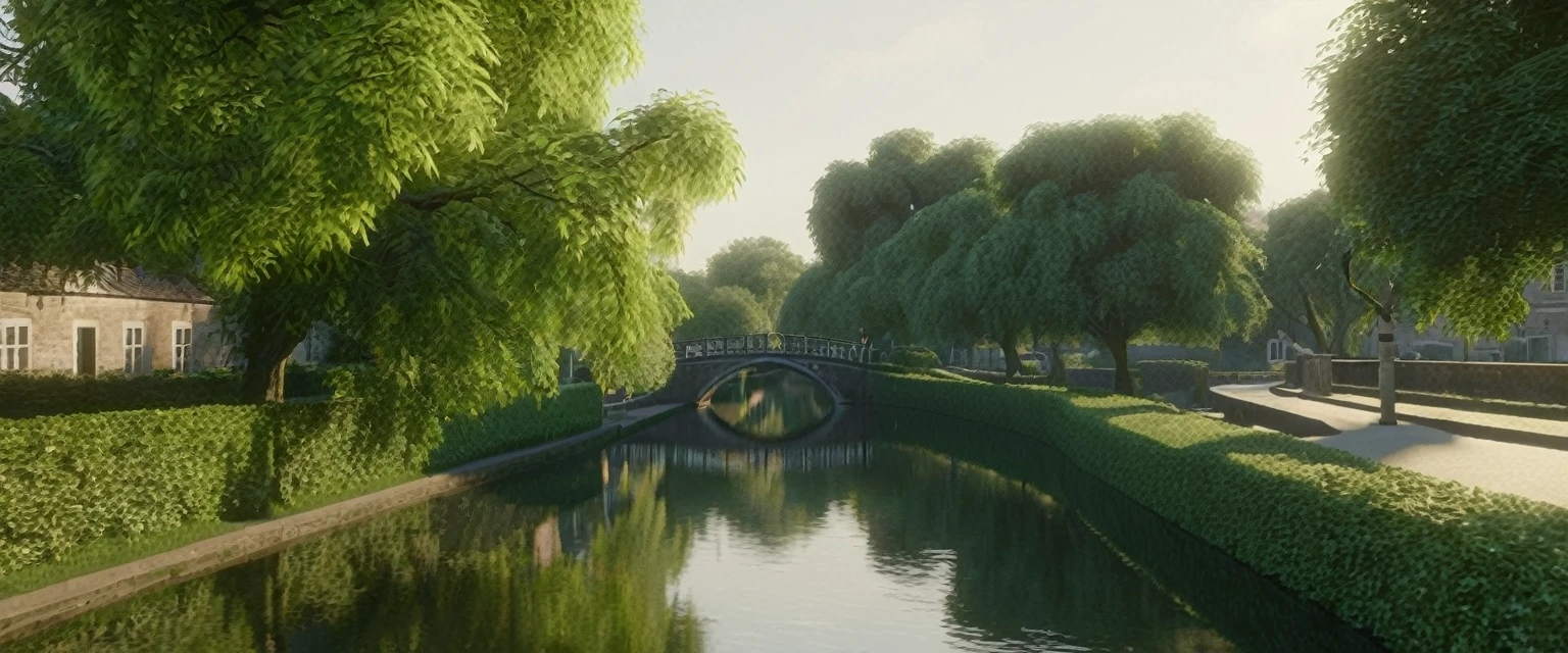 A tranquil canal scene with a paved walkway running along the right side, bordered by well-manicured bushes and lush green foliage. A small wooden boat is docked by the canal, its bow slightly pointing towards the water. The canal itself is calm, with gentle ripples created by a group of ducks swimming near the center. Overhanging the canal is a large, leafy tree branch adorned with several hanging lanterns of various shapes and sizes. The lanterns are made of intricate glass and metal, casting a warm, soft glow. In the background, a white arched bridge spans the canal, with houses lining the opposite bank. The entire scene is bathed in the golden light of either early morning or late afternoon, creating a serene and picturesque atmosphere., hyper realistic, 8k, vibrant colors