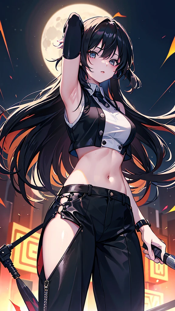 A photograph of the bustling streets of Yaowarat taken by a 800mm lens of the Sony A90, featuring a girl who looks like Lisa, with long, flowing black hair styled in loose waves. She's adorned with a sequined vest, the centerpiece being a large, black star that gleams under the midnight sky. The vest is paired with long, black, high-gloss pants that accentuate her powerful stance. The full moon hangs low in the sky, casting an ethereal glow over the scene. The girl is captured mid-dance, her energy electrifying the crowd gathered around her. Add some neon signs in the background and text "LISA ROCKSTAR" in this picture