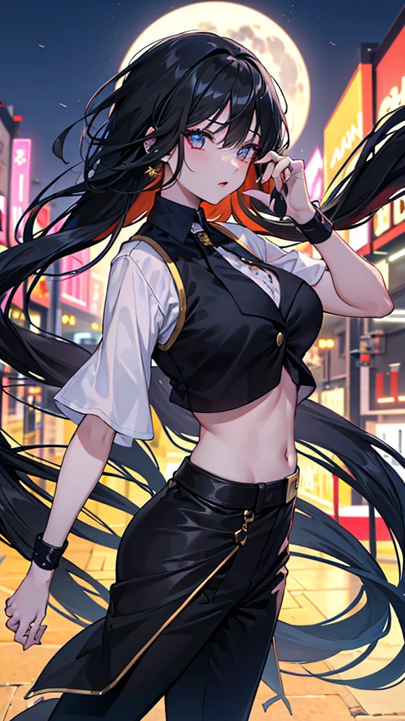 A photograph of the bustling streets of Yaowarat taken by a 800mm lens of the Sony A90, featuring a girl who looks like Lisa, with long, flowing black hair styled in loose waves. She's adorned with a sequined vest, the centerpiece being a large, black star that gleams under the midnight sky. The vest is paired with long, black, high-gloss pants that accentuate her powerful stance. The full moon hangs low in the sky, casting an ethereal glow over the scene. The girl is captured mid-dance, her energy electrifying the crowd gathered around her. Add some neon signs in the background and text "LISA ROCKSTAR" in this picture