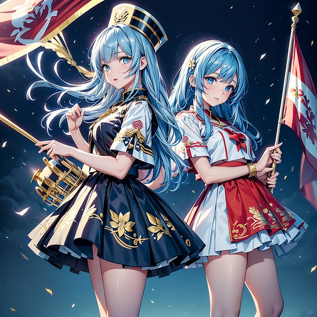 1girl、Dynamic composition、marching band、(((Masterpiece、Highest quality、Official Art、Super detailed、Handsome face、Dynamic composition)))、Anime Style、(Milky white and blue hair:1.3),(blue eyes:1.4),(Bright colors:1.4),((麻の葉background:1.3)),, marching bandのユニフォームを着たクールな女の子, marching bandの帽子、mini skirt, Frills, Black and white with gold embroidered flag held in both hands,（background:Large red flag on the back with gold floral embroidery, Note, )、euphonium、Huge Flag、