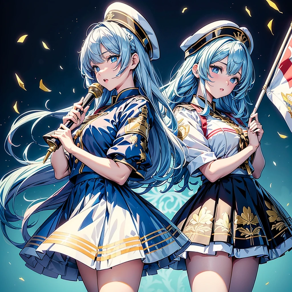 1girl、Dynamic composition、marching band、(((Masterpiece、Highest quality、Official Art、Super detailed、Handsome face、Dynamic composition)))、Anime Style、(Milky white and blue hair:1.3),(blue eyes:1.4),(Bright colors:1.4),((麻の葉background:1.3)),, marching bandのユニフォームを着たクールな女の子, marching bandの帽子、mini skirt, Frills, Black and white with gold embroidered flag held in both hands,（background:Large red flag on the back with gold floral embroidery, Note, )、euphonium、Huge Flag、