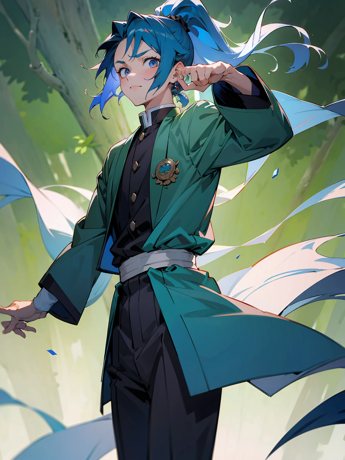 1male, Adult, Deep Blue Hair, Medium Length Hair, White Inner Hair, Ponytail, Short Blue Haori, Green Face Mark, Forest Background, Standing in Forest, Demon Slayer Uniform