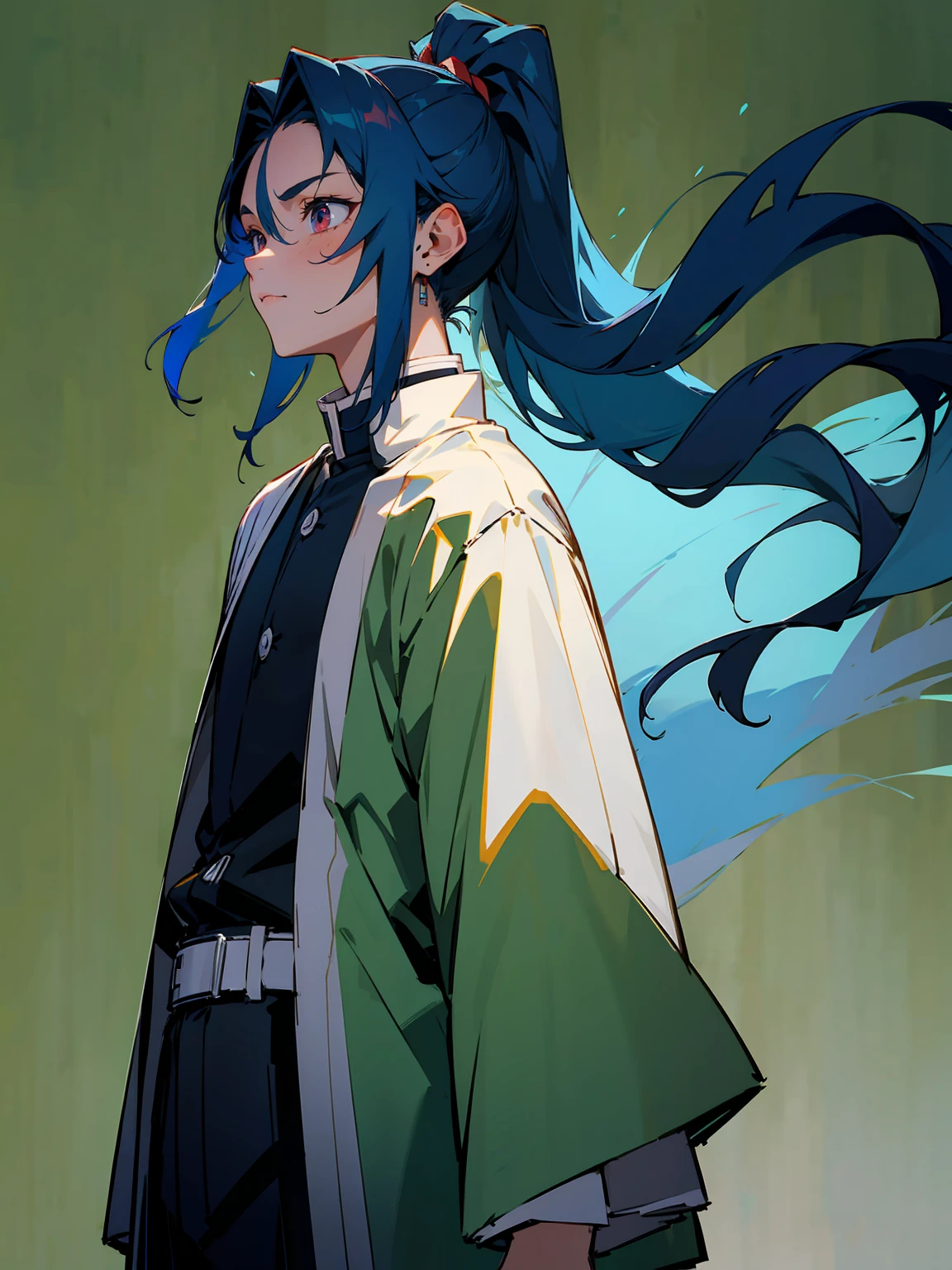 1male, Adult, Deep Blue Hair, Medium Length Hair, White Inner Hair, Ponytail, Short Blue Haori, Green Face Mark, Forest Background, Standing in Forest, Demon Slayer Uniform