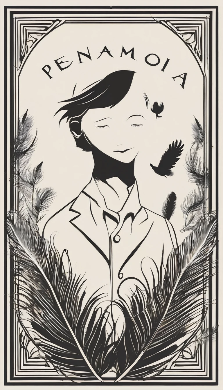 A minimalist, fantastic, poetic, dreamy, captivating, memorable, masterpiece, modern, simple logo design of a boy and a feather for the brand “Penamemoria". The logo must convey a sense of music, stories and dreams. Minimalistic logo design of a boy and a feather.