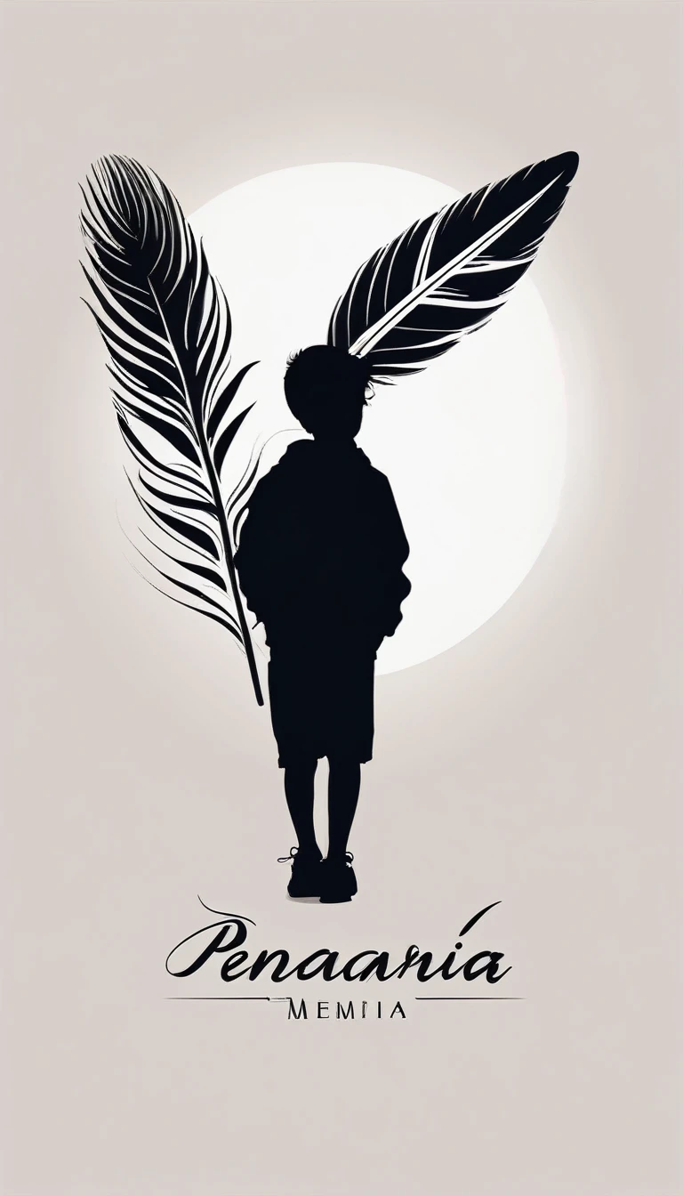 A minimalist, fantastic, poetic, dreamy, captivating, memorable, masterpiece, modern, simple logo design of a boy and a feather for the brand “Penamemoria". The logo must convey a sense of music, stories and dreams. Minimalistic logo design of a boy and a feather.