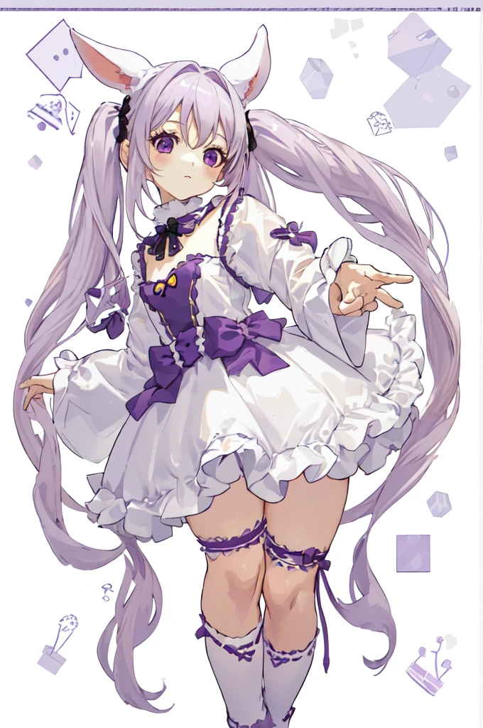 absurderes, 1 girl, purples eyes,bunny girl, twintails, long hair, White hair, eyes wide, eyelash, gazing at viewer, twitchthrill, trunk, White background, t - shirt, chibi, thrill, front viewer, (:3:1.0), blush