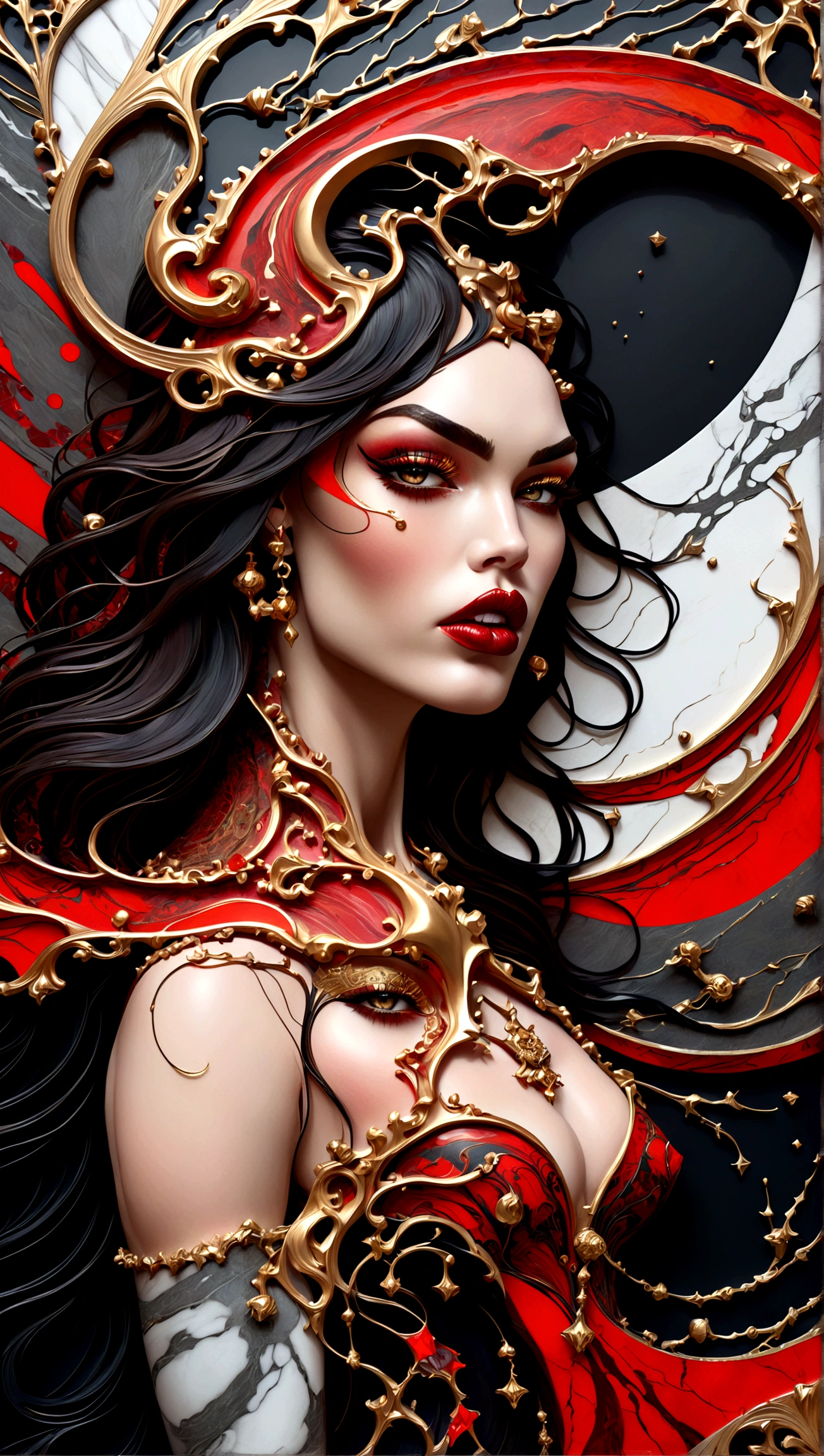 a beautiful illustration of megan fox as a very muscular vampire girl in an abstract marble texture with a tarot style frame, with colors of obsidian black, shiny gold, and ruby red, highly detailed, intricate design, BY Anne Bachelier,