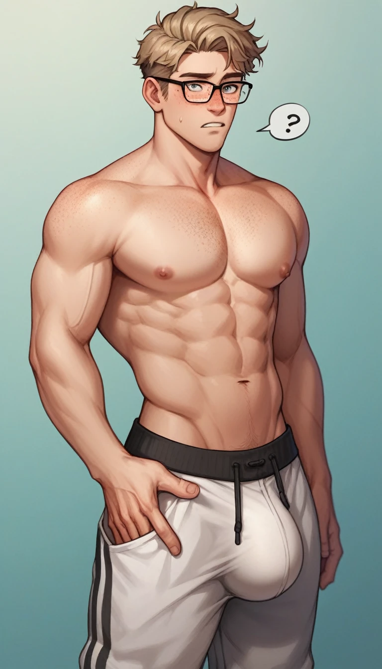 best quality, masterpiece, scrawny and tall 18 year old boy, freckles, messy light brown hair, big glasses, confused expression, wearing baggy loose grey sweatpants, topless, in simple bedroom, big bulge, sexy, gay, homoerotic, perfection, no watermark, no logo, no signature