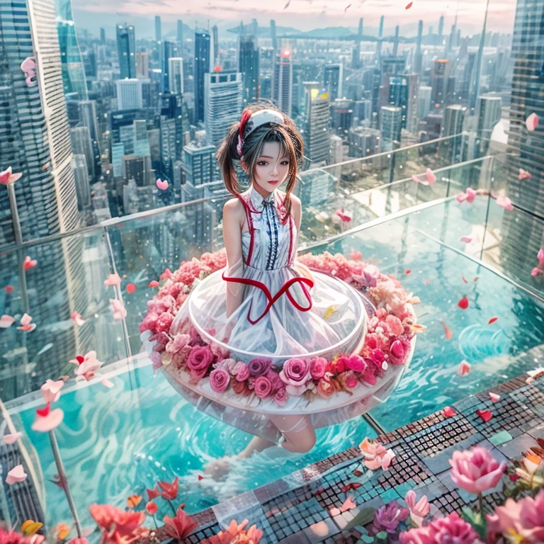 BloodRed, White in Pearly RainbowColors,ExtremelyDetailed(ProfessionalPhoto of Girl Floating in the Sky:1.37)ZoomLayer{Stunning|Mystic|GodRays|Haze}, 57th floor infinity pool in the urban forest. (Masterpiece 8K TopQuality:1.2)(ExtremelyDetailed NOGIZAKA face:1.37) ElaboratePupil with (SparklingHighlights:1.28) DoubleEyelids with Voluminous LongEyelashes PUNIPUNI RosyCheeks (Joyful Expressions LifeLike Rendering) MotionBlur  BREAK  (Acutance:0.77) PUNIPUNI Radiant Impeccable PearlSkin with Transparency White(Skinny SchoolSwimwear) {(HiddenHand)|((Corrected BabyLike Hand))} Whole Body Proportions and all limbs are Anatomically Accurate, {Carnation|Tulips|(Rose)} [FlowerWreath WrappedBody Full of Flowers Covering girl's body] {((Dazzling RainbowColorHorizon))|ColorfulSky|ColoredClouds|(Starly Particles)}(extra limbs:-1.4)(Not Detailed Face:-1.37)(Not Detailed Hand:-1.28), Drawing infinity pool reference to the rooftop of Marina Bay Sands