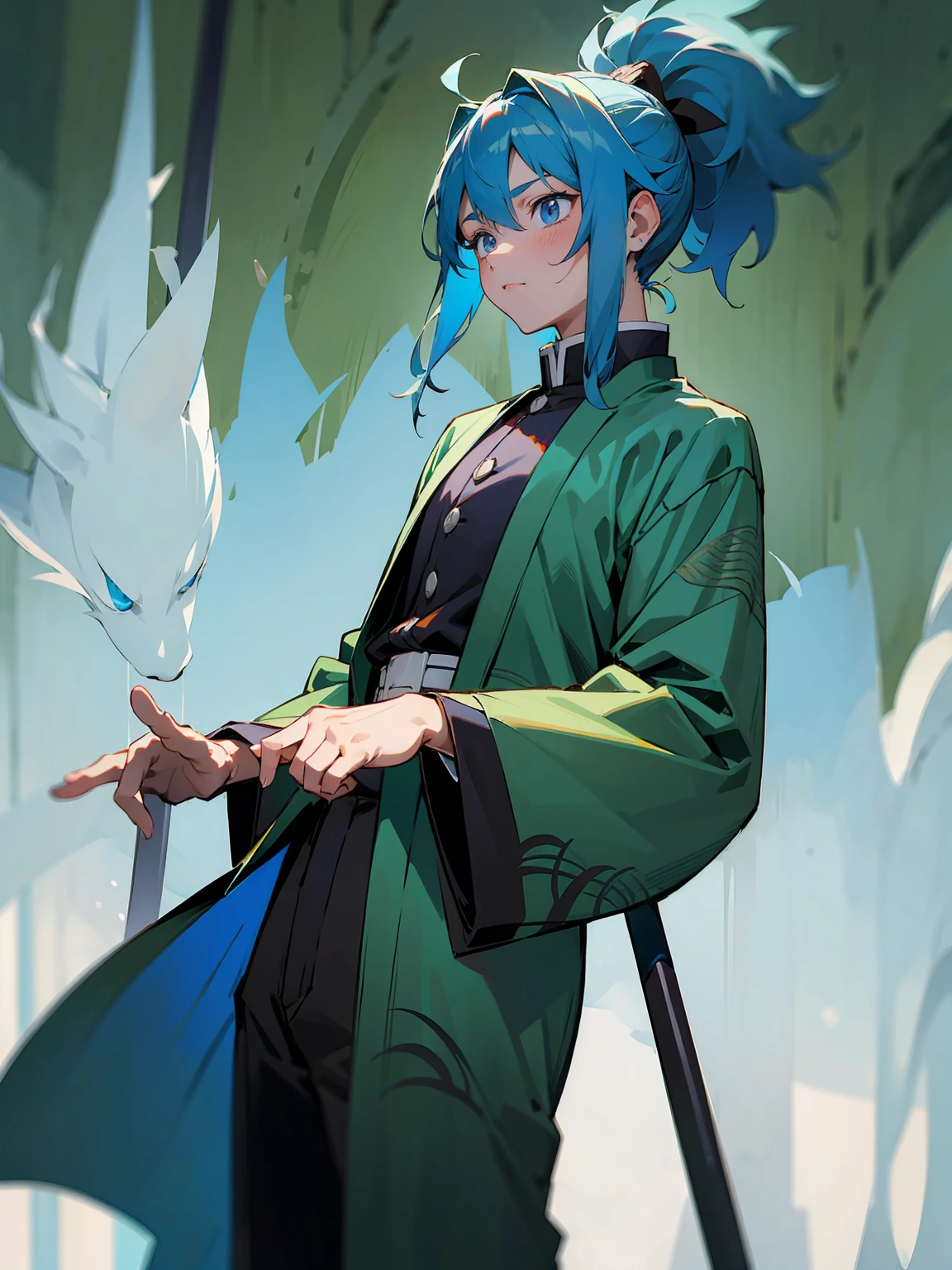 1male, Adult, Deep Blue Hair, Medium Length Hair, White Inner Hair, Ponytail, Short Blue Haori, Green Face Mark, Forest Background, Standing in Forest, Demon Slayer Uniform