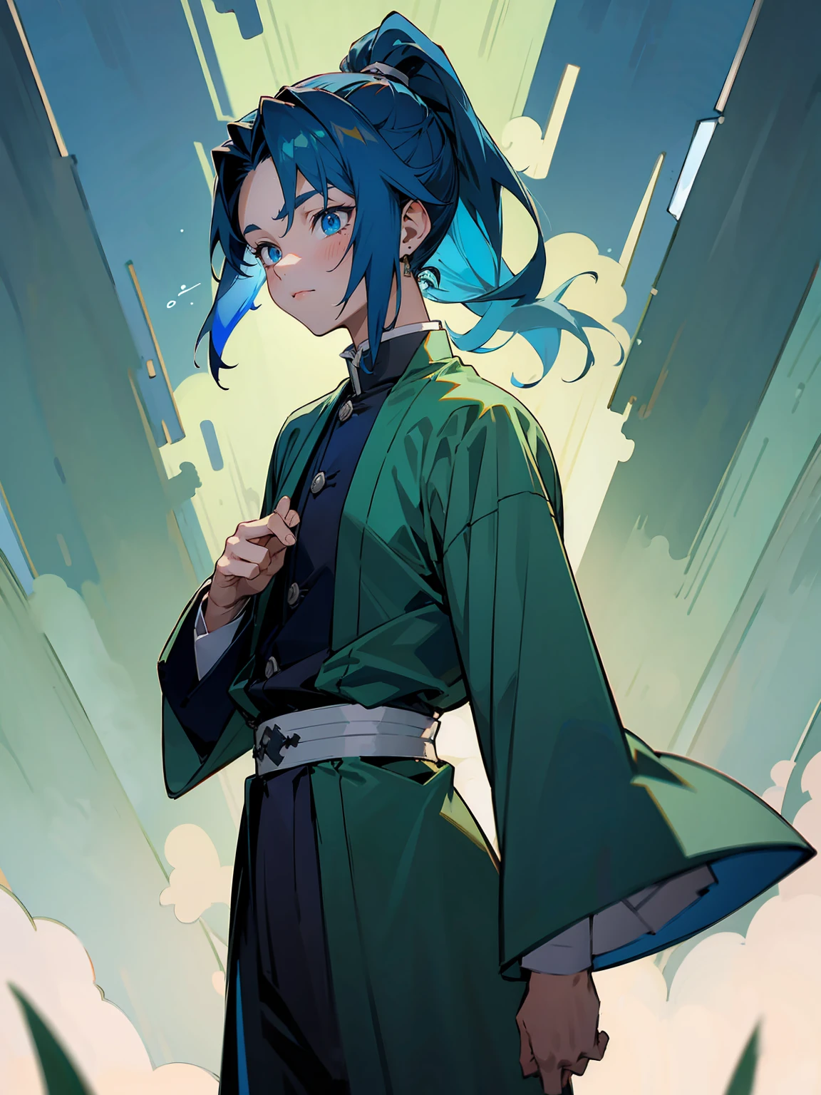 1male, Adult, Deep Blue Hair, Medium Length Hair, White Inner Hair, Ponytail, Short Blue Haori, Green Face Mark, Forest Background, Standing in Forest, Demon Slayer Uniform