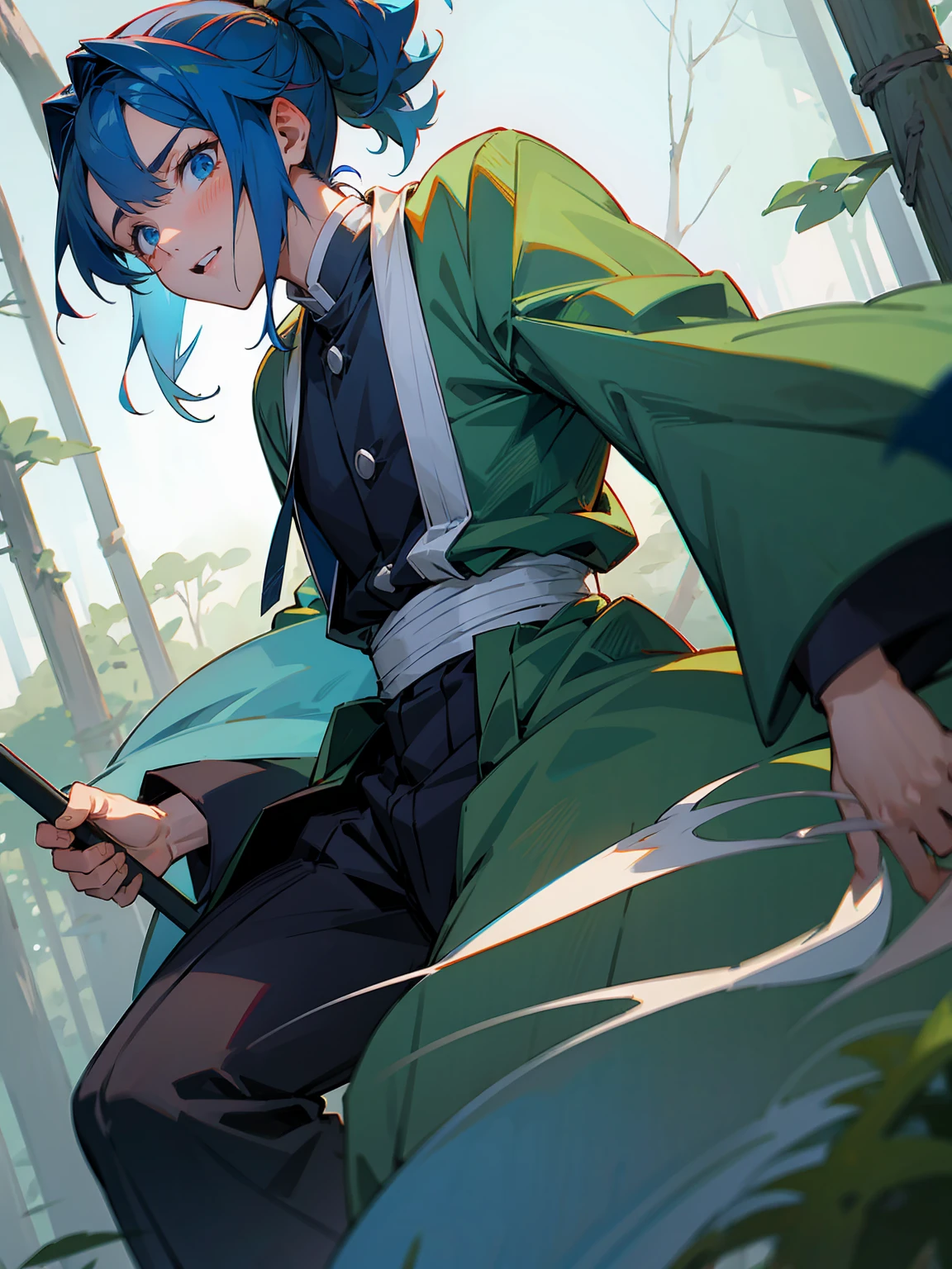 1male, Adult, Deep Blue Hair, Medium Length Hair, White Inner Hair, Ponytail, Short Blue Haori, Green Face Mark, Forest Background, Standing in Forest, Demon Slayer Uniform