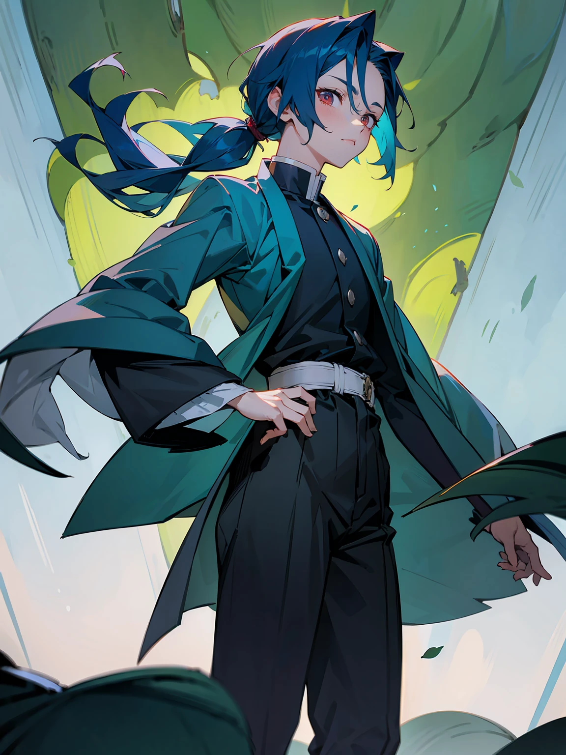1male, Adult, Deep Blue Hair, Medium Length Hair, White Inner Hair, Ponytail, Short Blue Haori, Green Face Mark, Forest Background, Standing in Forest, Demon Slayer Uniform