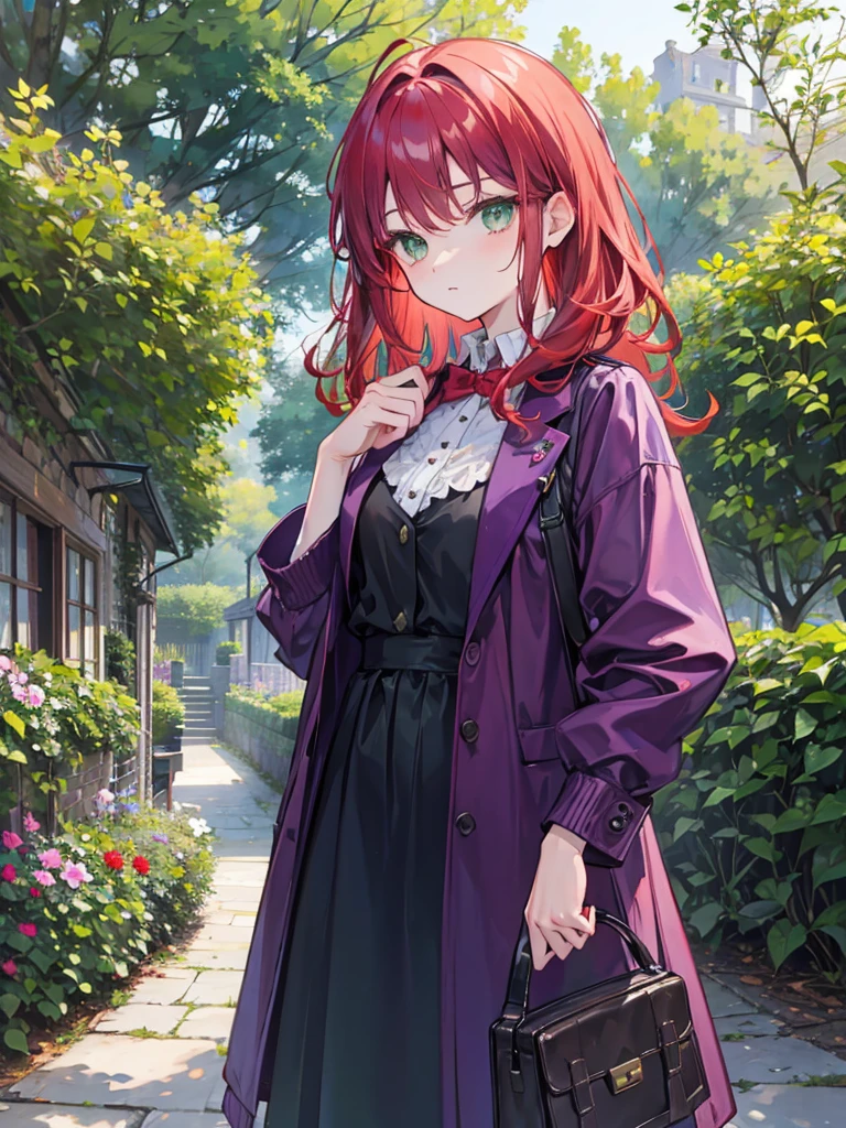 , green eyes, short wavy red hair, bangs. she hair wavy. wear purple black jacket. quiet. background in garden