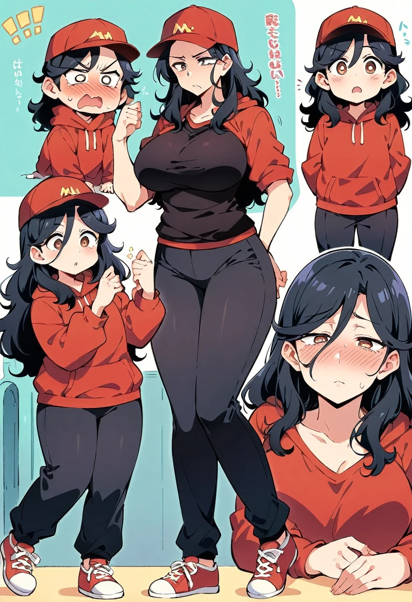 (masterpiece), best quality, expressive eyes, perfect face, a man get transformed into a MILF, solo, surpriced, blushed, black hair, long hair, red baseball cap, brown eyes, (full body), tight clothes, in a kindergarten, chubby, big . black shirt, red hoodie, black sport pants, red sport shoes, straight hair, multiple views,