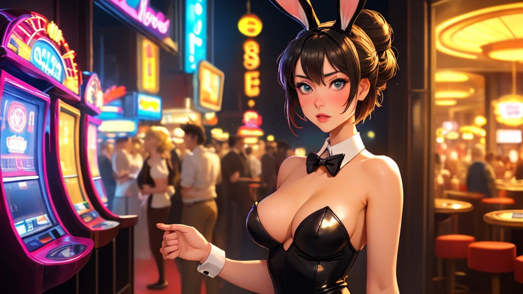 masterpiece, best quality, 1girl, solo, looking at viewer, breasts, mature female, collarbone, janeporter, short hair, hair bun, playboy bunny, detached collar, fake animal ears, rabbit ears, rabbit tail, cyberpunk, neon lights, indoors, casino, yellow leotard, bowtie, depth of field,