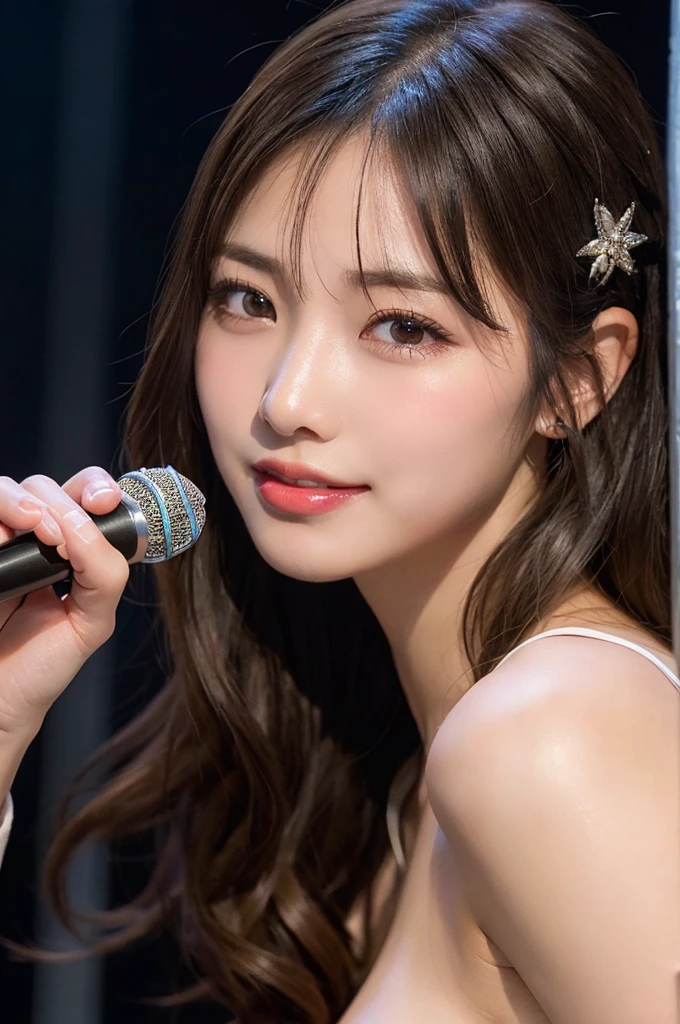 (masterpiece:1.3), high resolution, ultra detailed, extremely detailed CG unity 8k wallpaper, realistic, photo-realistic, RAW photo, beautiful detailed face, pale skin, realistic glistening skin, detailed cloth texture, detailed hair texture, Perfect body, Beautiful Face, accurate, Anatomically correct, Highly detailed face and skin texture, natural neck length, (beautiful hands), (fair skin:1.1), (well-aligned teeth:1.1), (Sweaty skin:1.2),
BREAK,
Detailed eyes, symmetric eyes, Light Brown eyes, Double eyelids, Thin eyebrows, (Glossy lips:1.4), ((A face with waiting for a kiss:1.2)), (blush:1.1), (A sparkling small hair accessory:1.1), (beautiful and cool smile:1.1), (having microphone:1.3),
BREAK,
(A classy and Cute idol:1.3), ((-yeld:1. (nude, nsfw, nipple:1.4),
BREAK,
medium large breasts, slender figure, firm abs,
((random hairstyle, black hair, bangs:1.2)), (cowboy shot:1.2), (looking at viewer), cowboy shot, From above,
BREAK,
(singing on stage:1.3),