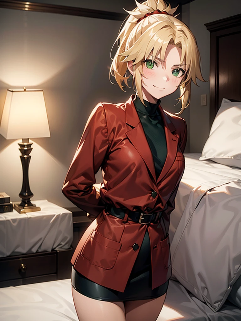 (masterpiece、top-quality、hight resolution), In a dimly lit hotel room, a man sits on the edge of the bed, looking shocked and uncomfortable. Standing in front of him is a woman dressed as an escort, who he quickly recognizes as the delinquent girl who used to bully him in school. Her expression is a mix of surprise and amusement as she realizes who he is. She stands with one hand on her hip and a teasing smile on her face, clearly enjoying his discomfort. The room is simple, with a bed, nightstand, and dim lighting, creating an intimate yet tense atmosphere. The focus is on their facial expressions and body language, highlighting the awkward and unexpected reunion. nsfw, modred, (green eyes:1.5), blonde hair, ponytail, short hair, scrunchie, red scrunchie, hair scrunchie