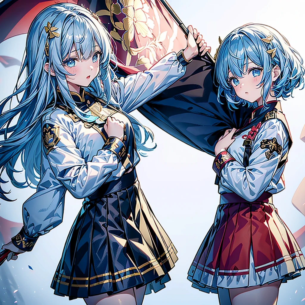 1girl、Dynamic composition、marching band、(((Masterpiece、Highest quality、Official Art、Super detailed、Handsome face、Dynamic composition)))、Anime Style、(Milky white and blue hair:1.3),(blue eyes:1.4),(Bright colors:1.4),((麻の葉background:1.3)),, marching bandのユニフォームを着たクールな女の子, marching bandの帽子、mini skirt, Frills, Black and white with gold embroidered flag held in both hands,（background:Large red flag on the back with gold floral embroidery, Note, )、euphonium、Huge Flag、