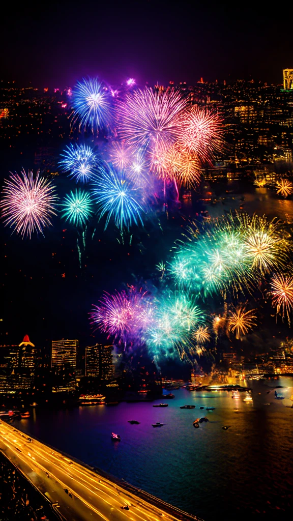 Fantastic scenery、firework、firework大会、Rainbow colorsのfireworkが打ちあがっている瞬間、With the night sky、Cyberpunk Cityscape、Cyberpunk Cityscapeで壮大なfirework、Highest quality、masterpiece, (Diffuse reflection of light:1.2), When the fantastic rainbow turns into shadow, bathed in a mystical atmosphere.The cats are watching too、Colorful Cats、 Surreal lights dance on the water surface, Cast magic spells. evoke a sense of wonder and awe. A fusion of natural grandeur and magic, Weaving dreams into reality. Behold, null, And the unknown, Fleeting、And an eternal moment, 16K, Ultra-high resolution.Realistic, Ultra-high resolution, to be born, Wide-angle,future、Rainbow colorsに光り輝く、Rainbow colors、The world 30 years from now。