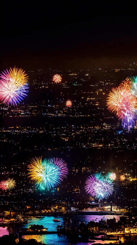 Fantastic scenery、firework、firework大会、Rainbow colorsのfireworkが打ちあがっている瞬間、With the night sky、Cyberpunk Cityscape、Cyberpunk Cityscapeで壮大なfirework、Highest quality、masterpiece, (Diffuse reflection of light:1.2), When the fantastic rainbow turns into shadow, bathed in a mystical atmosphere.The cats are watching too、Colorful Cats、 Surreal lights dance on the water surface, Cast magic spells. evoke a sense of wonder and awe. A fusion of natural grandeur and magic, Weaving dreams into reality. Behold, null, And the unknown, Fleeting、And an eternal moment, 16K, Ultra-high resolution.Realistic, Ultra-high resolution, to be born, Wide-angle,future、Rainbow colorsに光り輝く、Rainbow colors、The world 30 years from now。