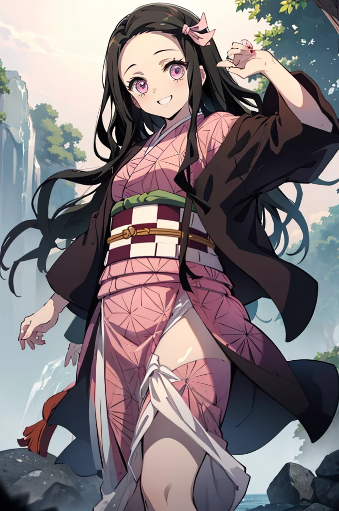 (masterpiece:1.3), (best quality:1.1), (8k, ultra detailed, ultra high res:1.2), ((anime style)), perfect 5 fingers, perfect anatomy,
1girl,
Kamado Nezuko,
BREAK long hair, wavy hair,
black hair,
pink eyes,
ribbon,
small breasts,
BREAK japanese clothes, pink kimono, brown haori, obi,
smile, dynamic pose,
looking at viewer,
cowboy shot,
perfect light, BREAK outdoor, waterfall mist, fantasy,