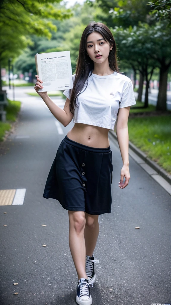 (best quality, Masterpiece, Realistic photos, very detailed, Ultra high resolution, raw:1.3), 1 woman, beautiful, Japan, in university, A young university girl wears a white button-up crop top., Black skirt, showing navel, College Student, navel, (canvas shoes, ขาbeautiful, full body), Walking place, holding a book, Dress well, 