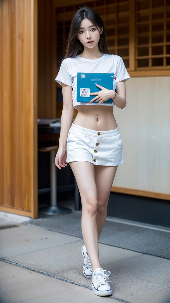 (best quality, Masterpiece, Realistic photos, very detailed, Ultra high resolution, raw:1.3), 1 woman, beautiful, Japan, in university, A young university girl wears a white button-up crop top., Black skirt, showing navel, College Student, navel, (canvas shoes, ขาbeautiful, full body), Walking place, holding a book, Dress well,