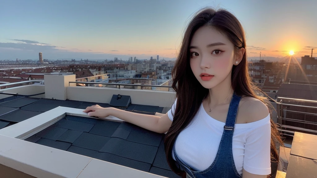 ((Midnight, Best quality, 8k, Masterpiece :1.3)), Whole body, Long legs, Sharp focus :1.2, A pretty woman with perfect figure :1.4, Slender abs :1.1, ((Dark brown hair, Big breasts :1.2)), (White tight tshirt, Jean bib, Standing:1.2), ((Night city view, Rooftop:1.3)), Highly detailed face and skin texture, Detailed eyes, Double eyelid, sunset, darken, backlit, off shoulder