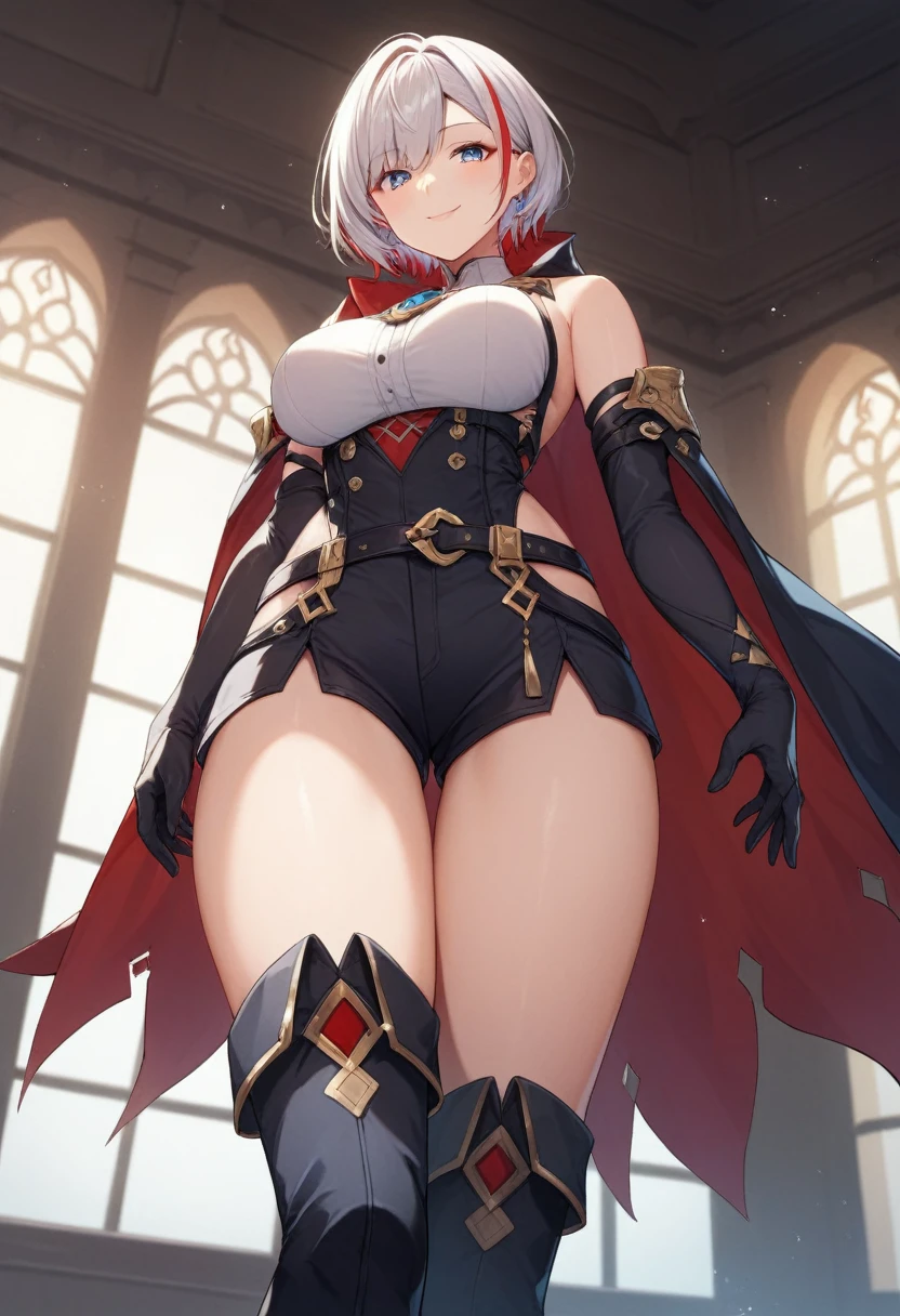 Topaz, short white hair with red highlights, blue eyes, black romper, bare shoulders, black detached sleeves, red half cape, thigh brace, black waist belt, white sleeveless shirt underneath, black gloves, black boots, from below, seductive smile, medium breasts, indoors, mature female, naked