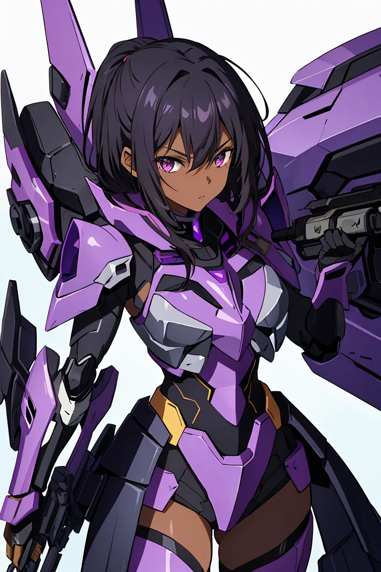 1girl, dark skin, dark hair, purple armor, mecha musume, helmet, cowboy shot