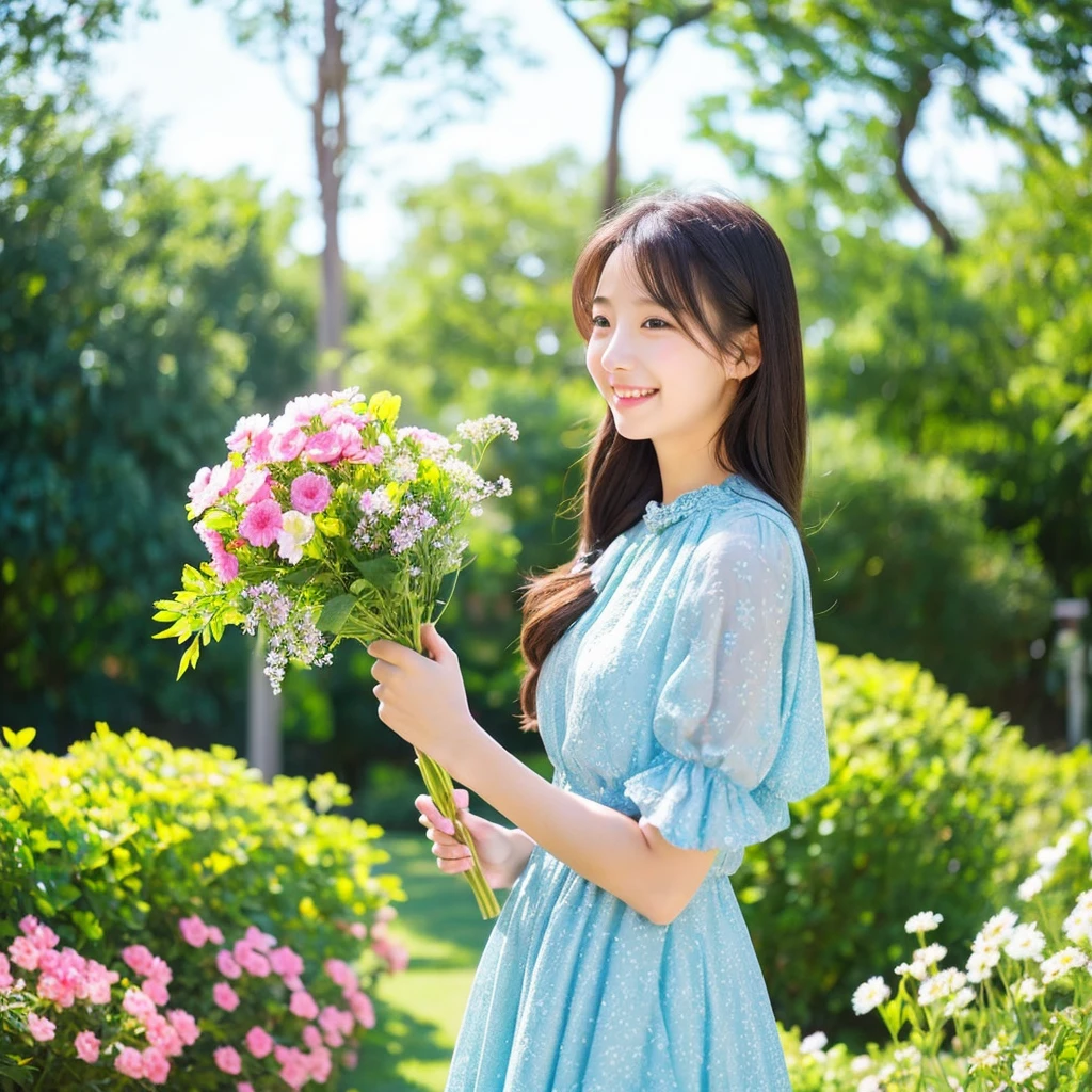 Create an image of a young woman around 15 years old,  women areショートカットの髪と優しい笑顔, Holding a lovely and beautiful bouquet. Beautiful flowers even with a green background。Beautiful outdoor environment preferred, Remembering sunny days. women are、While maintaining a warm and friendly expression、With a slightly more mature appearance、Her outfit should be a blue, detailed dress.。. Make sure the lighting and colors are soft and natural, Her youth々Emphasizes the beauty of a mature woman.
