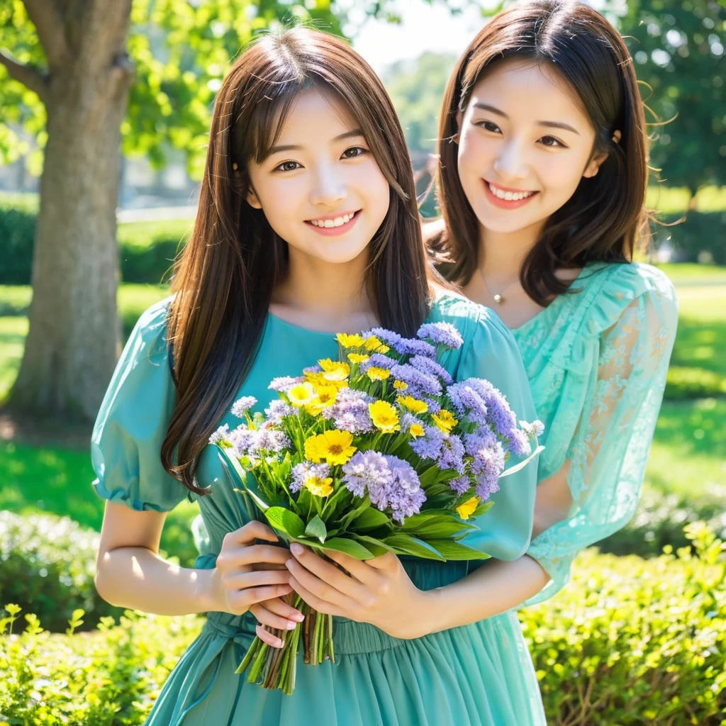 Create an image of a young woman around , women areショートカットの髪と優しい笑顔, Holding a lovely and beautiful bouquet. Beautiful flowers even with a green background。Beautiful outdoor environment preferred, Remembering sunny days. women are、While maintaining a warm and friendly expression、With a slightly more mature appearance、Her outfit should be a blue, detailed dress.。. Make sure the lighting and colors are soft and natural, Her youth々Emphasizes the beauty of a mature woman.