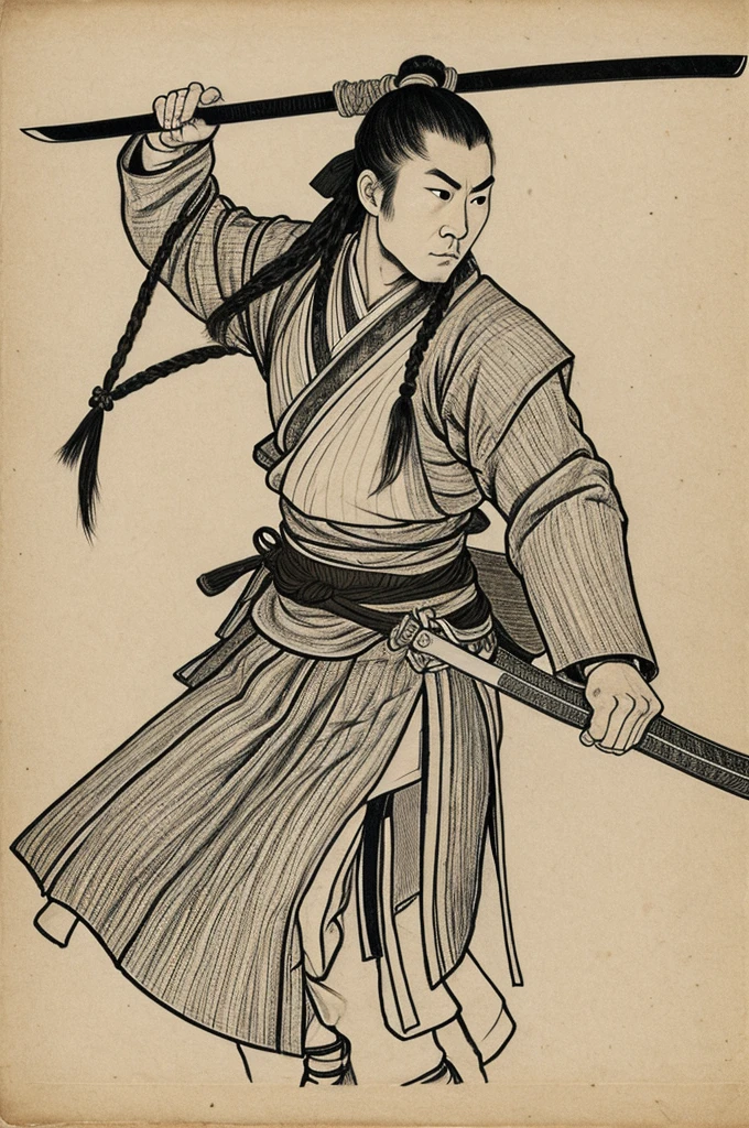 A line drawing of a samurai with long hair tied up, holding a sword, wearing long sleeved clothes turned sideways.
