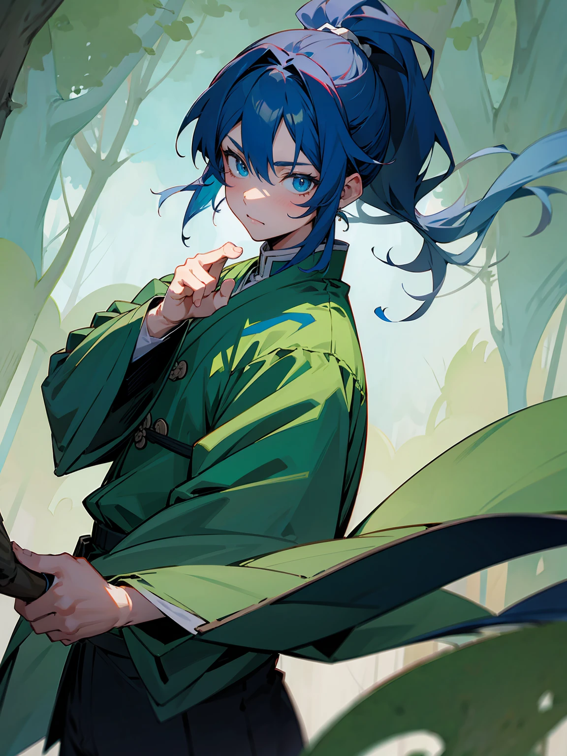 1male, Adult, Deep Blue Hair, Medium Length Hair, White Inner Hair, Ponytail, Short Blue Haori, Green Face Mark, Forest Background, Standing in Forest, Demon Slayer Uniform