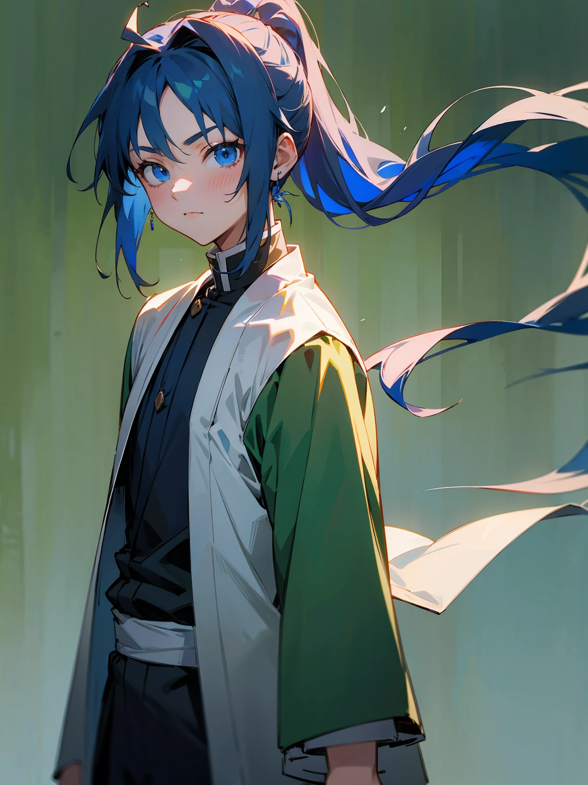 1male, Adult, Deep Blue Hair, Medium Length Hair, White Inner Hair, Ponytail, Short Blue Haori, Green Face Mark, Forest Background, Standing in Forest, Demon Slayer Uniform